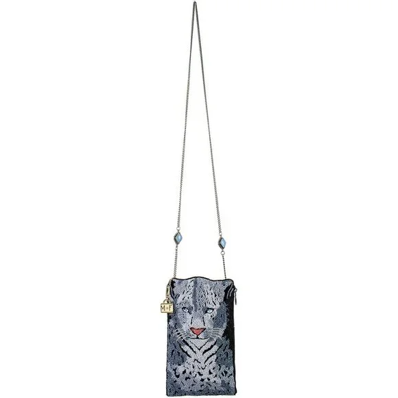 Wild Cat Snow Leopard Beaded Crossbody Cell Phone Bag Grey Black Evening Clutch